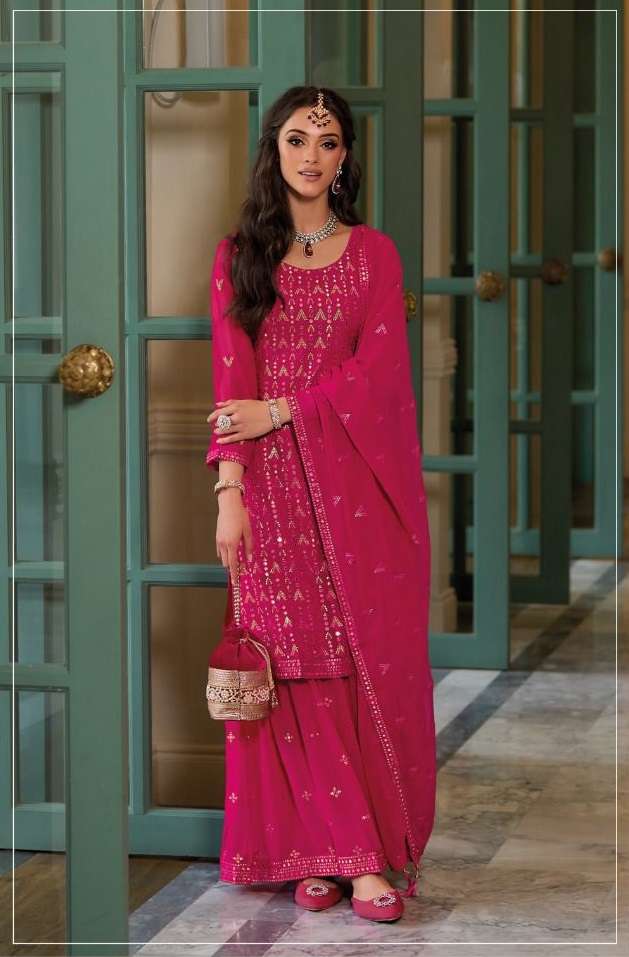 DESIGNER FANCY WEDDING PARTY WEAR RANI PINK GEORGETTE SILK SHARARA SALWAR SUIT EB DILAAGI 1620