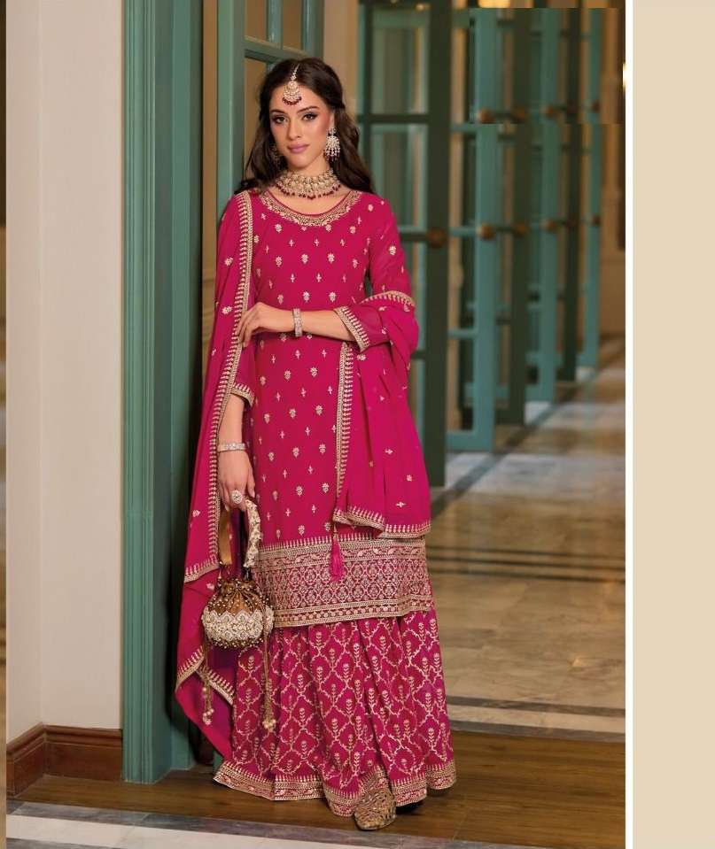 DESIGNER FANCY WEDDING PARTY WEAR RANI PINK PREMIUM SILK SHARARA SALWAR SUIT EB AVNTIKA 1616