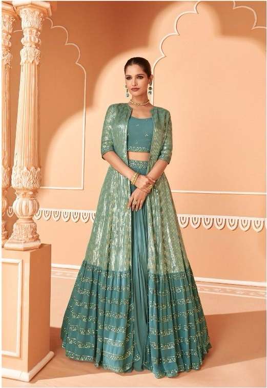 DESIGNER FANCY WEDDING PARTY WEAR REAL GEORGETTE GREEN SALWAR SUIT WITH KOTI BLOUSE SY PANGHAT 5280