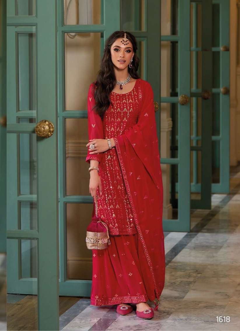 DESIGNER FANCY WEDDING PARTY WEAR RED GEORGETTE SILK SHARARA SALWAR SUIT EB DILAAGI 1618