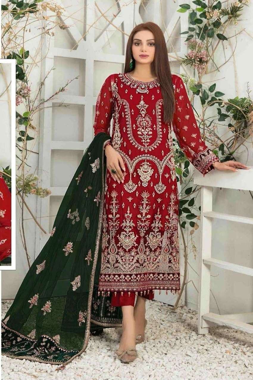 DESIGNER FANCY WEDDING PARTY WEAR RED GEORGETTE SILK PAKISTANI SALWAR SUIT JG 4106A