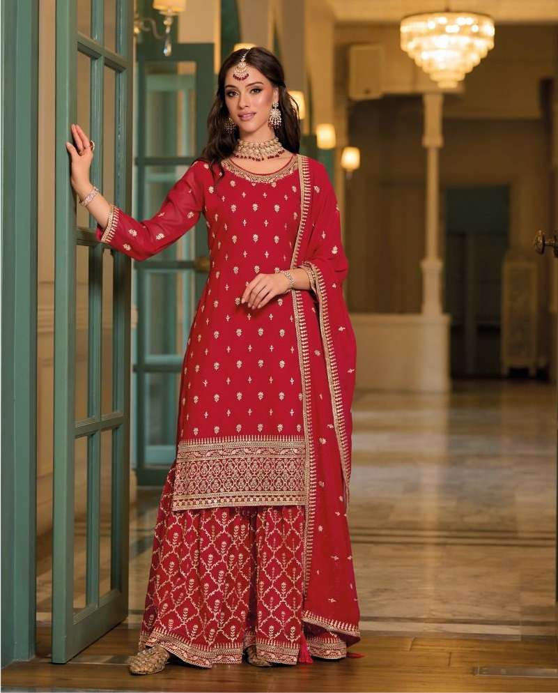 DESIGNER FANCY WEDDING PARTY WEAR RED PREMIUM SILK SHARARA SALWAR SUIT EB AVNTIKA 1614