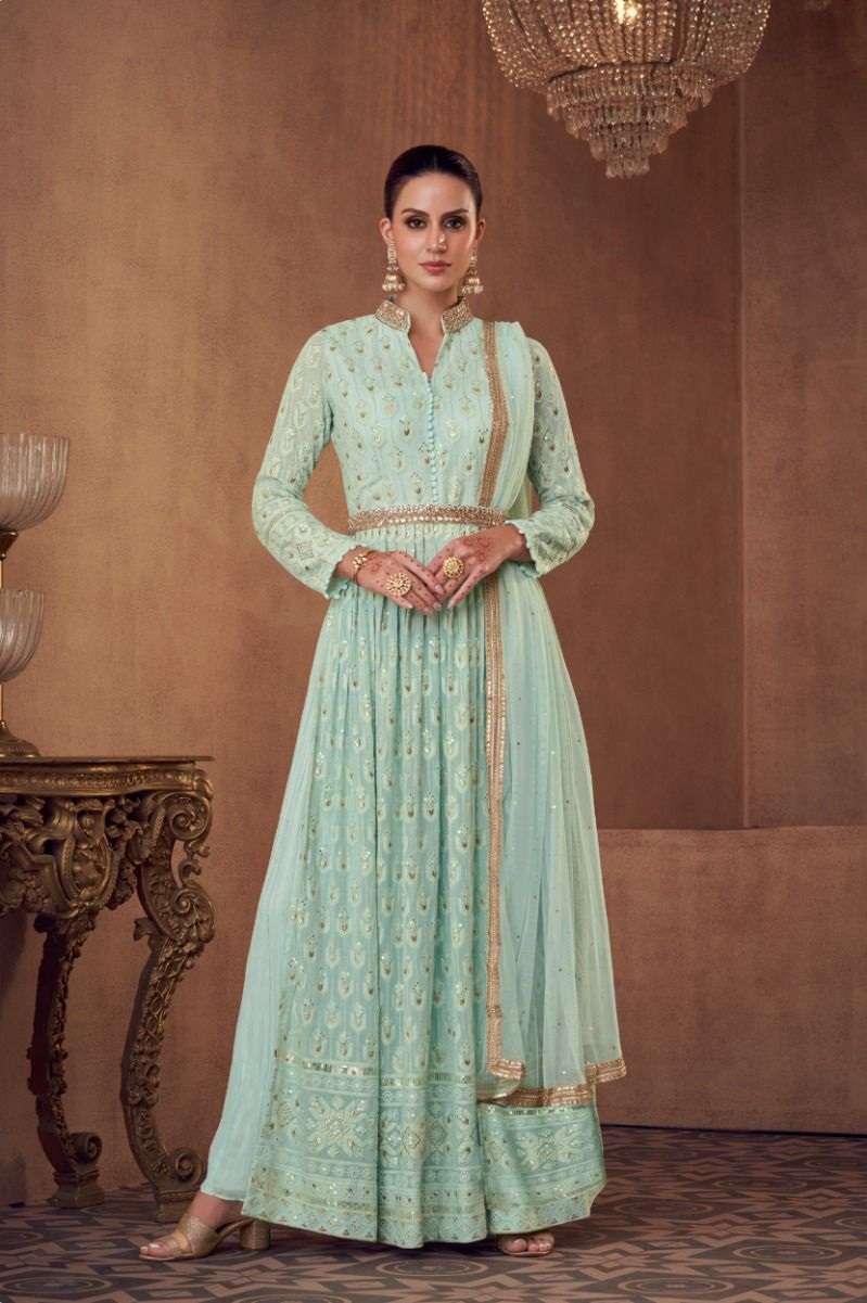 DESIGNER FANCY WEDDING PARTY WEAR SKY BLUE REAL GEORGETTE SALWAR SUIT AND GOWN ANARKALI DRESS GL ICONIC 7187