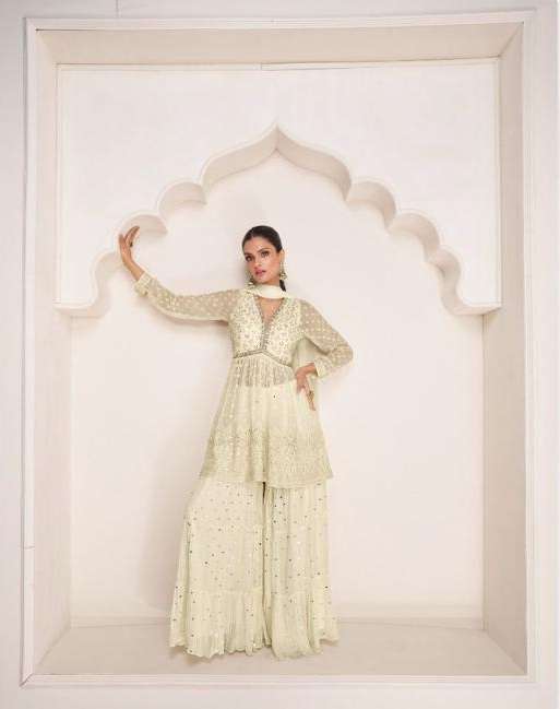 DESIGNER FANCY WEDDING PARTY WEAR WHITE SHARARA GEORGETTE SALWAR SUIT GL POLKI 5308