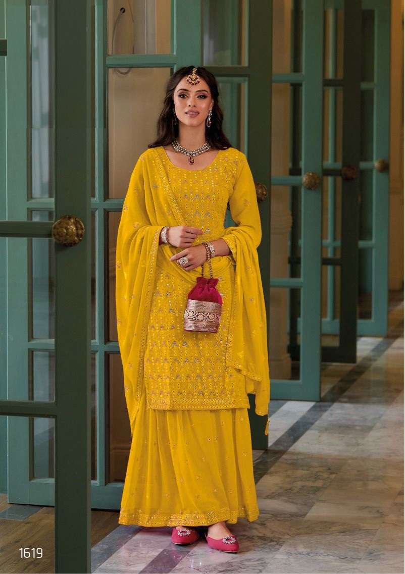 DESIGNER FANCY WEDDING PARTY WEAR YELLOW GEORGETTE SILK SHARARA SALWAR SUIT EB DILAAGI 1619