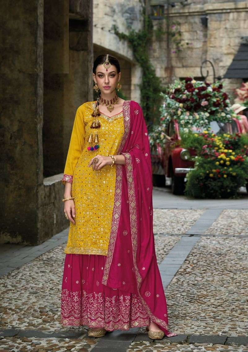 DESIGNER FANCY WEDDING PARTY WEAR YELLOW PREMIUM SILK SHARARA SALWAR SUIT EB APSARA 1610