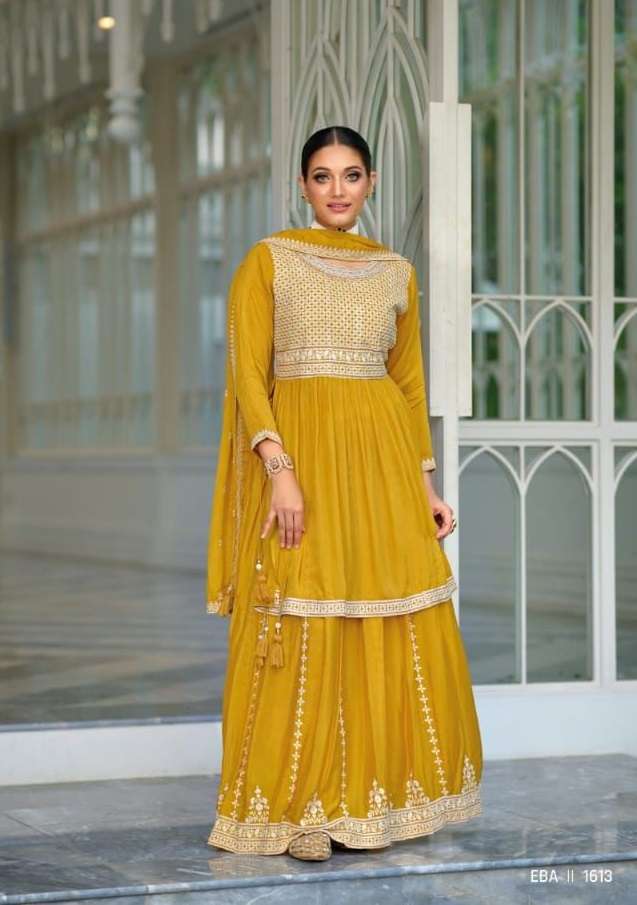 DESIGNER FANCY WEDDING PARTY WEAR YELLOW PREMIUM SILK SHARARA SALWAR SUIT EB VEDIKA 1612