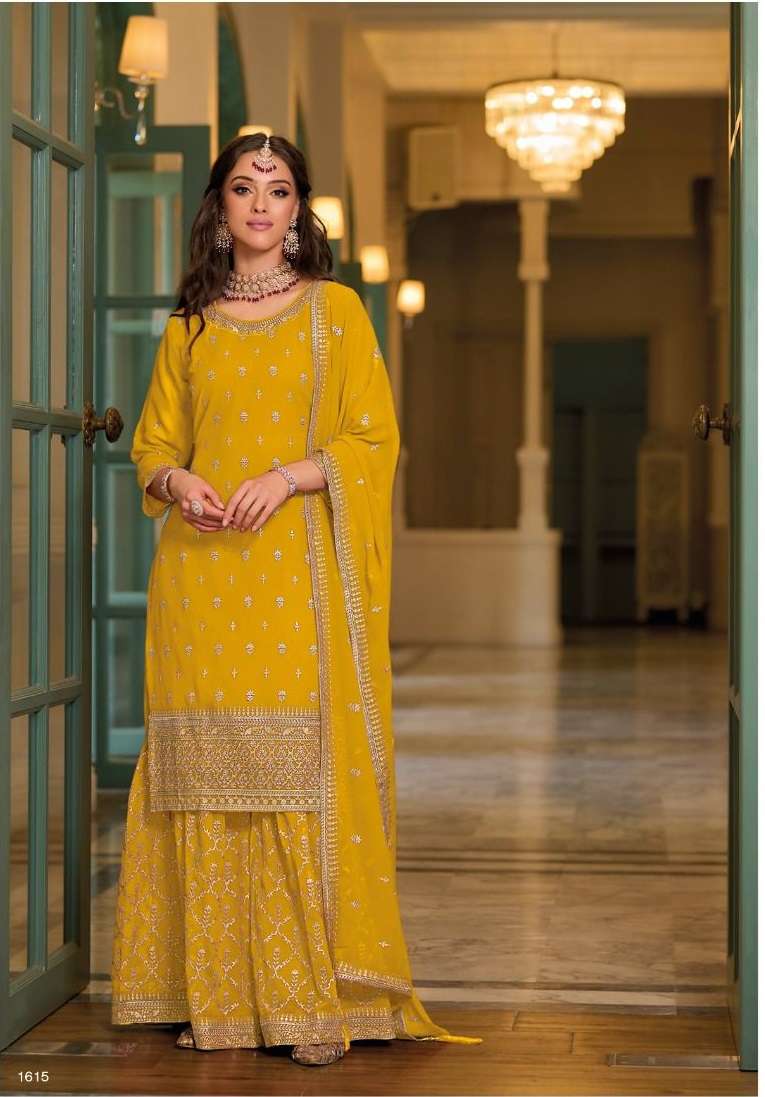 DESIGNER FANCY WEDDING PARTY WEAR YELLOW PREMIUM SILK SHARARA SALWAR SUIT EB AVNTIKA 1615