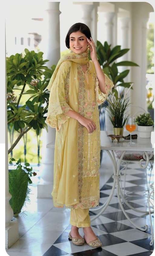 DESIGNER PAKISTANI FANCY WEDDING PARTY FESTIVAL WEAR SOFT ORGANZA SILK YELLOW STARIGHT SALWAR SUIT EB AANAYA 1592