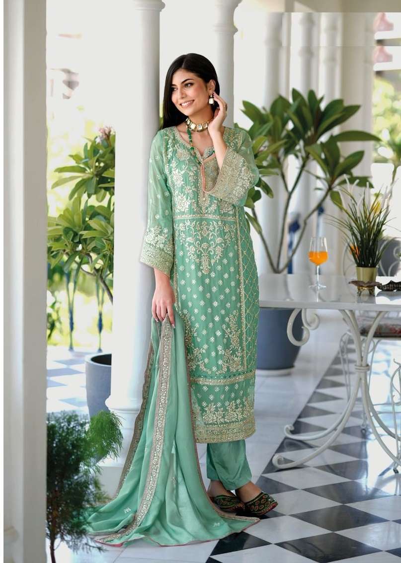 DESIGNER PAKISTANI FANCY WEDDING PARTY FESTIVAL WEAR SOFT ORGANZA SILK GREEN STARIGHT SALWAR SUIT EB AANAYA 1594