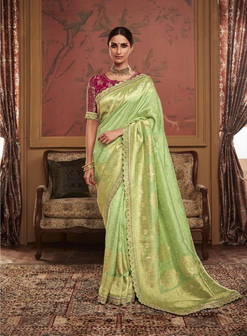 DESIGNER WEDDING PARTY FUNCTION WEAR GREEN DOLA SILK SAREE COLLECTION SM KIM MAHARANI 1087