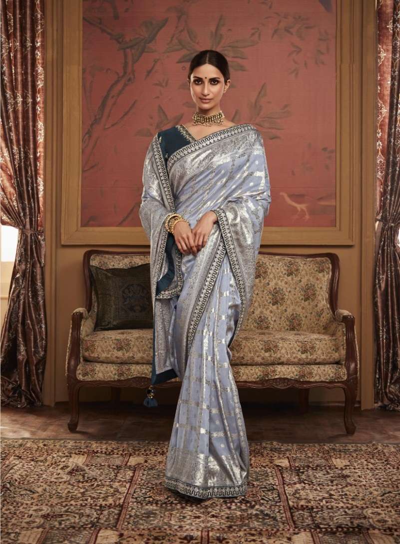 DESIGNER WEDDING PARTY FUNCTION WEAR GREY DOLA SILK SAREE COLLECTION SM KIM MAHARANI 1085