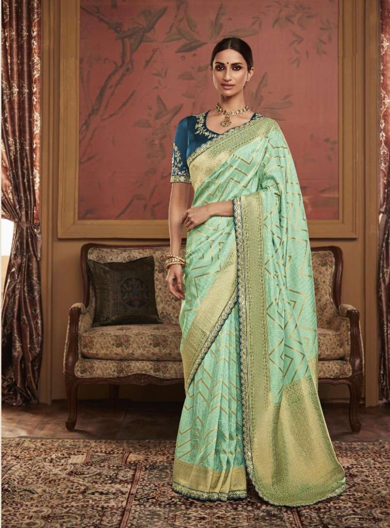 DESIGNER WEDDING PARTY FUNCTION WEAR PISTA GREEN DOLA SILK SAREE COLLECTION SM KIM MAHARANI 1082