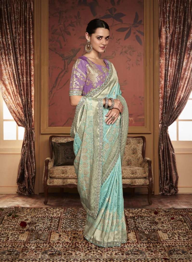 DESIGNER WEDDING PARTY FUNCTION WEAR SKY BLUE DOLA SILK SAREE COLLECTION SM KIM MAHARANI 1089