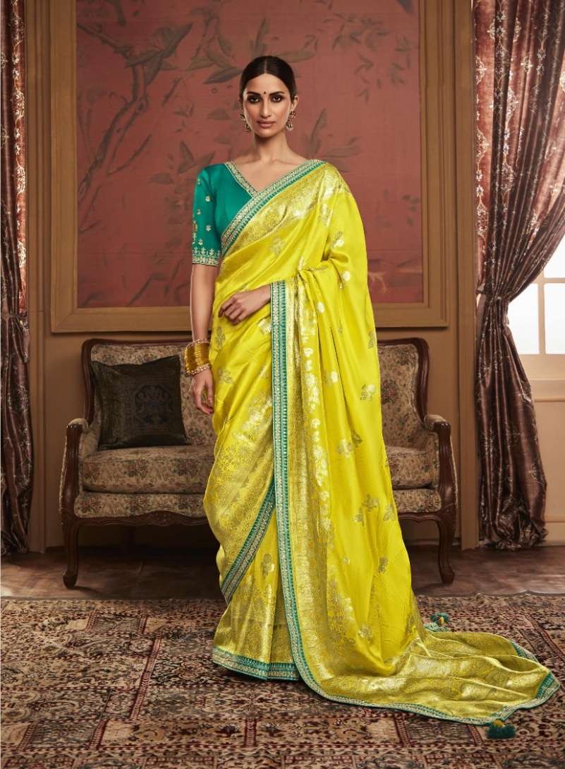 DESIGNER WEDDING PARTY FUNCTION WEAR YELLOW GREEN DOLA SILK SAREE COLLECTION SM KIM MAHARANI 1083