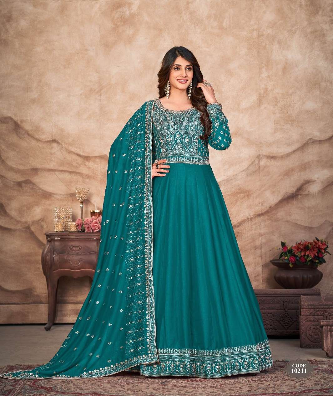 DESIGNER WEDDING PARTY WEAR ART SILK RAMA BLUE ANARKALI SALWAR SUIT GOWN WITH SILK DUPATTA ANJUBAA 1021