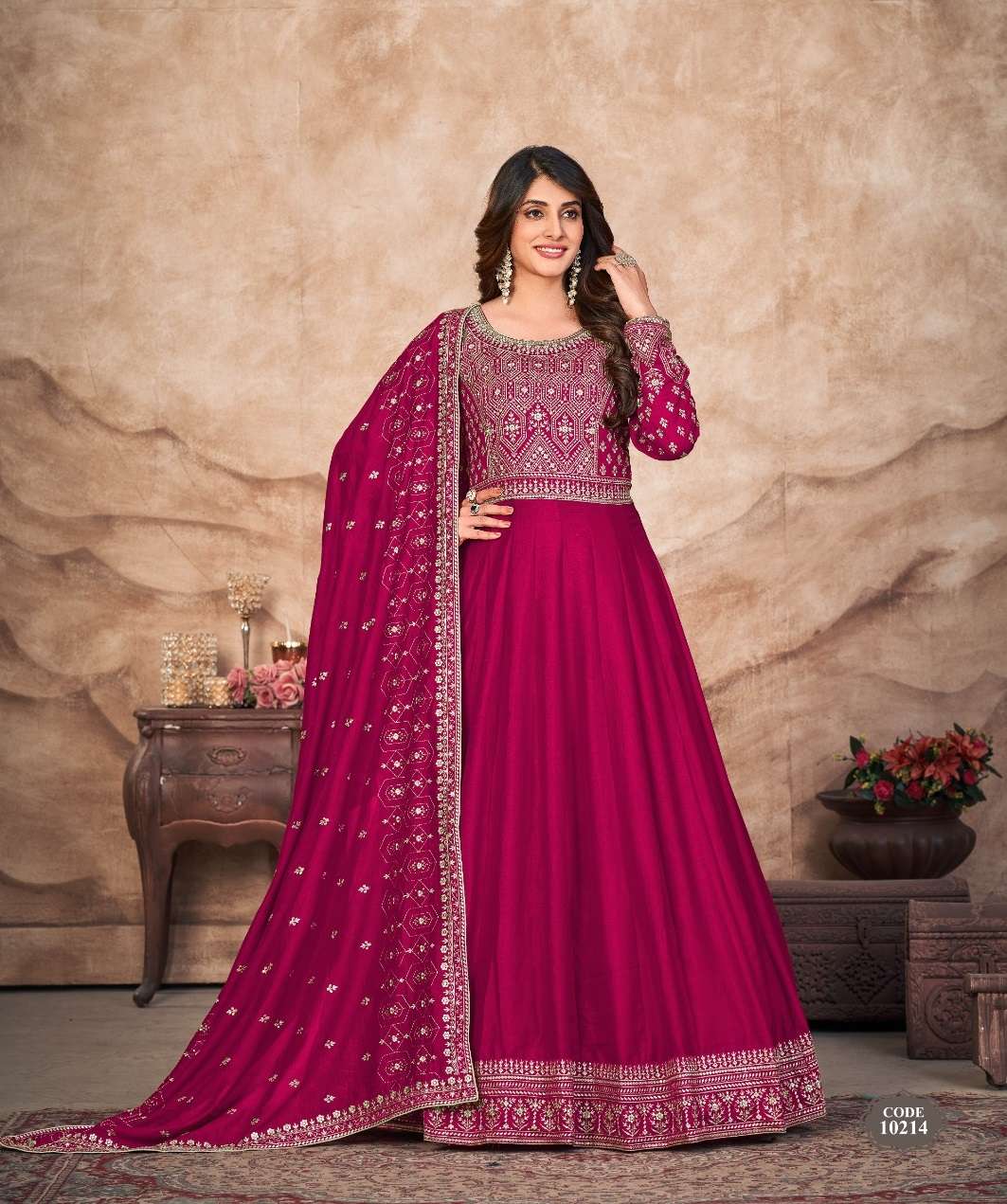 DESIGNER WEDDING PARTY WEAR ART SILK RANI PINK ANARKALI SALWAR SUIT GOWN WITH SILK DUPATTA ANJUBAA 10214