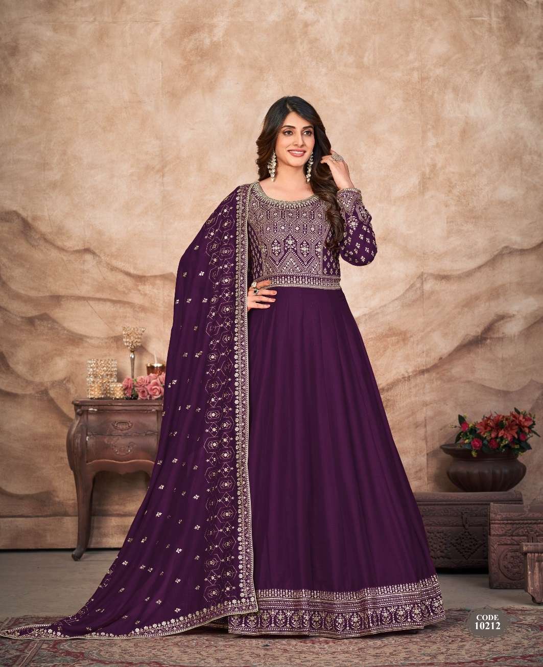 DESIGNER WEDDING PARTY WEAR ART SILK WINE ANARKALI SALWAR SUIT GOWN WITH SILK DUPATTA ANJUBAA 10212