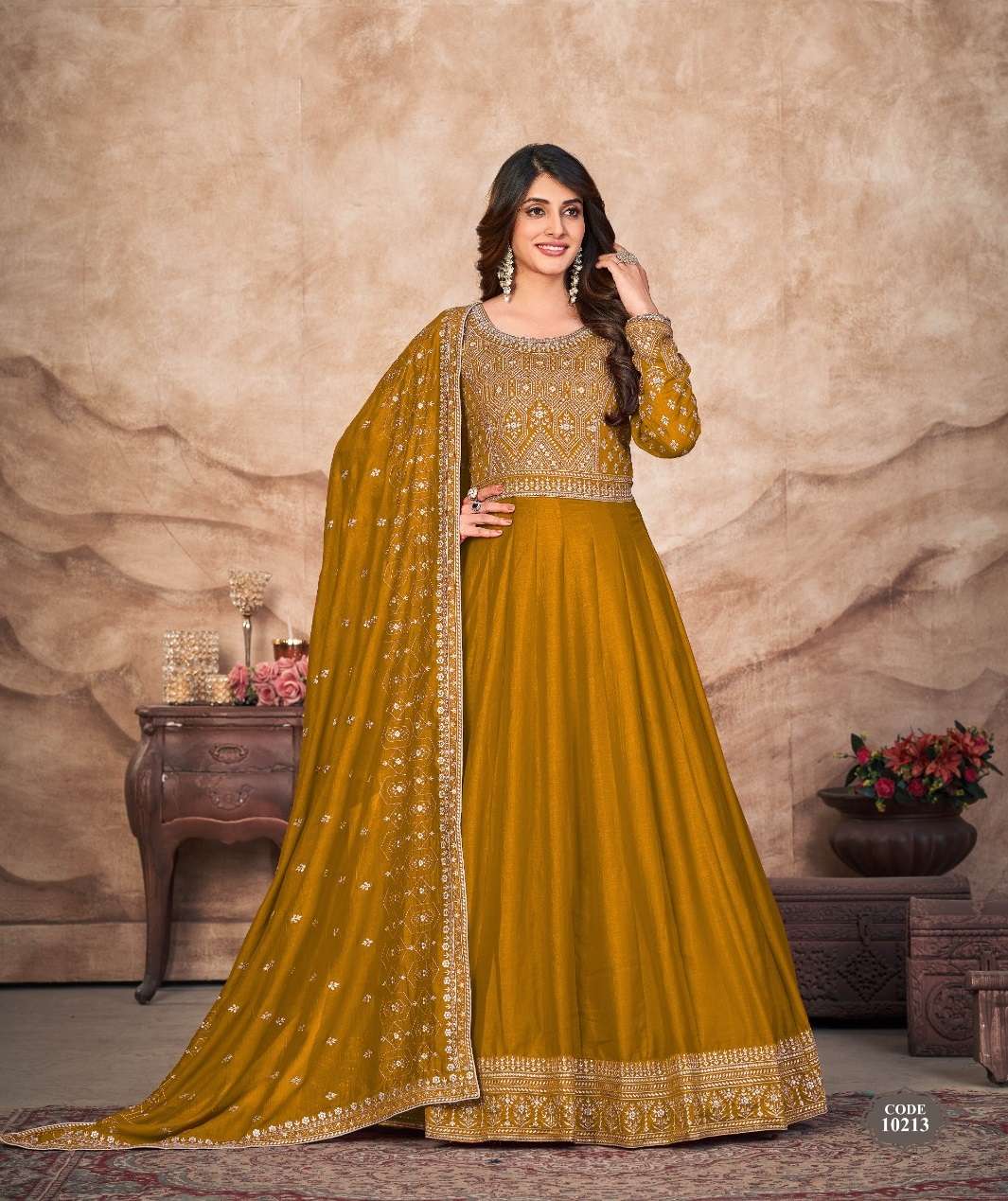 DESIGNER WEDDING PARTY WEAR ART SILK YELLOW ANARKALI SALWAR SUIT GOWN WITH SILK DUPATTA ANJUBAA 10213