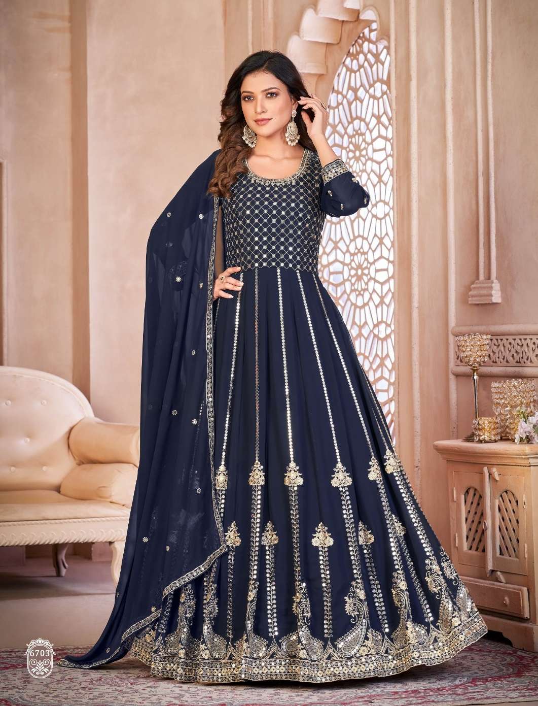 DESIGNER WEDDING PARTY WEAR BLUE FAUX GEORGETTE ANARKALI SALWAR SUIT GOWN WITH DUPATTA ANY 6703