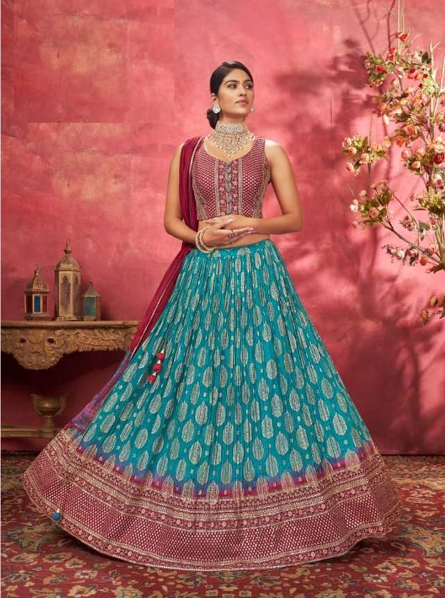 DESIGNER WEDDING PARTY WEAR BLUE JACQUARD SILK LEHENGA CHOLI WITH HAND PRINT EMBROIDERY WORK VRST GULDASTA 1003