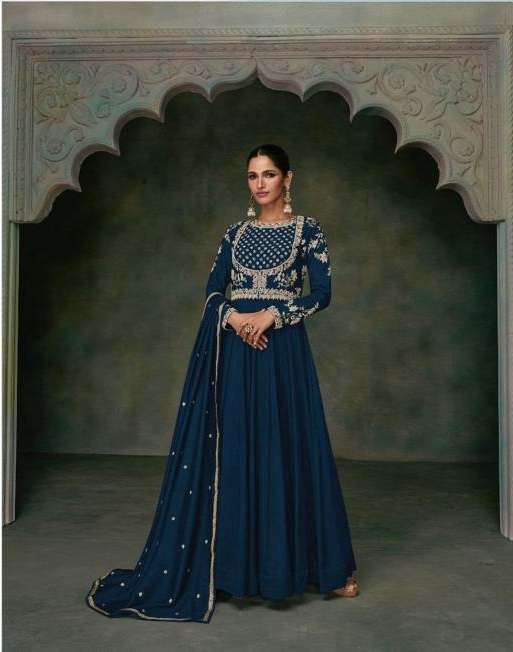 DESIGNER WEDDING PARTY WEAR BLUE SILK ANARKALI GOWN SALWAR SUIT SY BUNAAI 5326