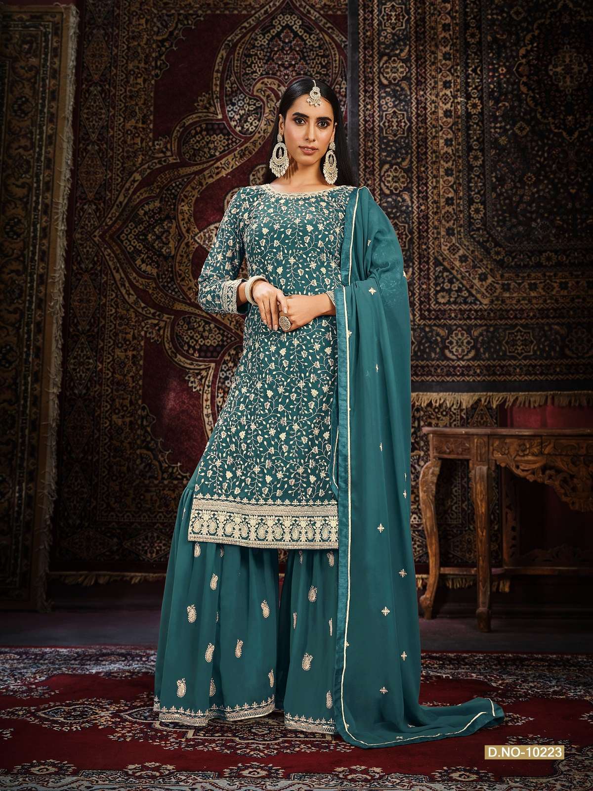 DESIGNER WEDDING PARTY WEAR FAUX GEORGETTE FANCY AQUA BLUE SHARARA SALWAR SUIT ANY 102223