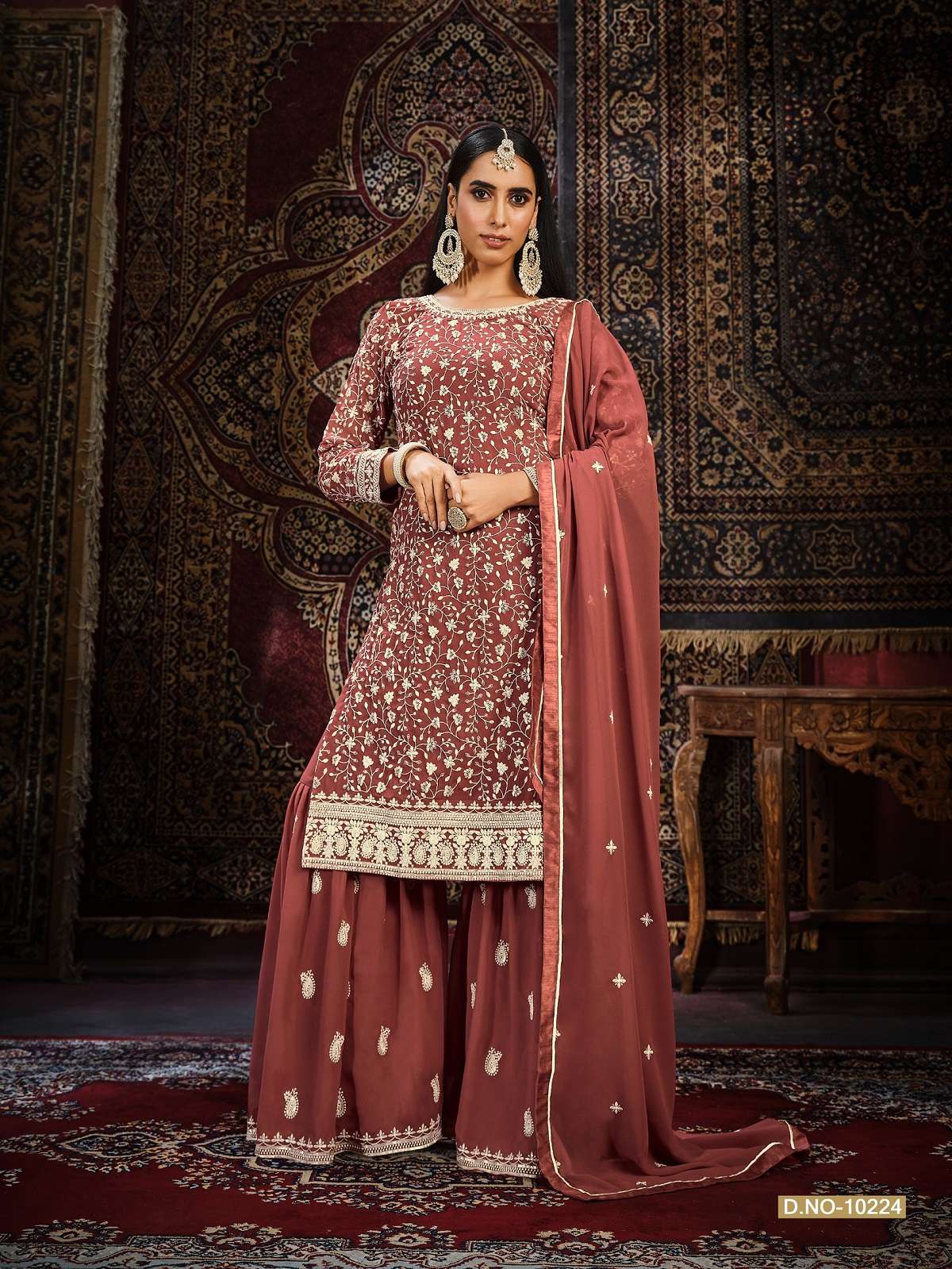 DESIGNER WEDDING PARTY WEAR FAUX GEORGETTE FANCY RED SHARARA SALWAR SUIT ANY 10224