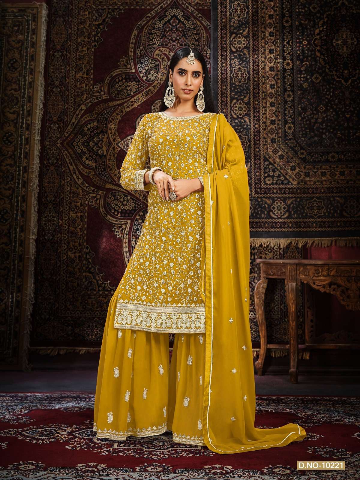 DESIGNER WEDDING PARTY WEAR FAUX GEORGETTE FANCY YELLOW SHARARA SALWAR SUIT ANY 1022