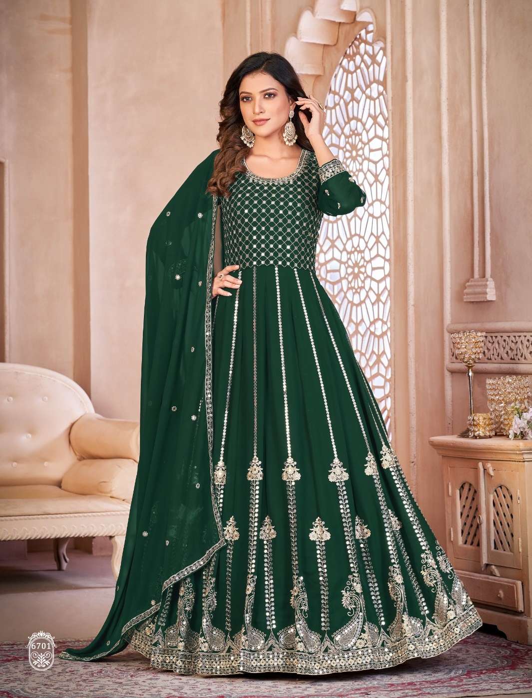 DESIGNER WEDDING PARTY WEAR GREEN FAUX GEORGETTE ANARKALI SALWAR SUIT GOWN WITH DUPATTA ANY 6701