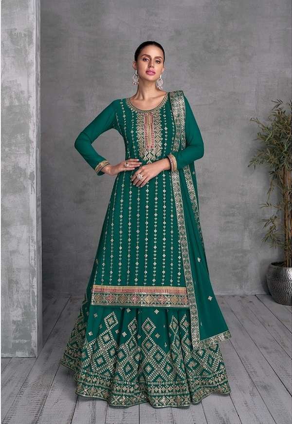 DESIGNER WEDDING PARTY WEAR GREEN REAL GEORGETTE TOP SKIRT FANCY SALWAR SUIT AF TRISHA 7408 COLOR