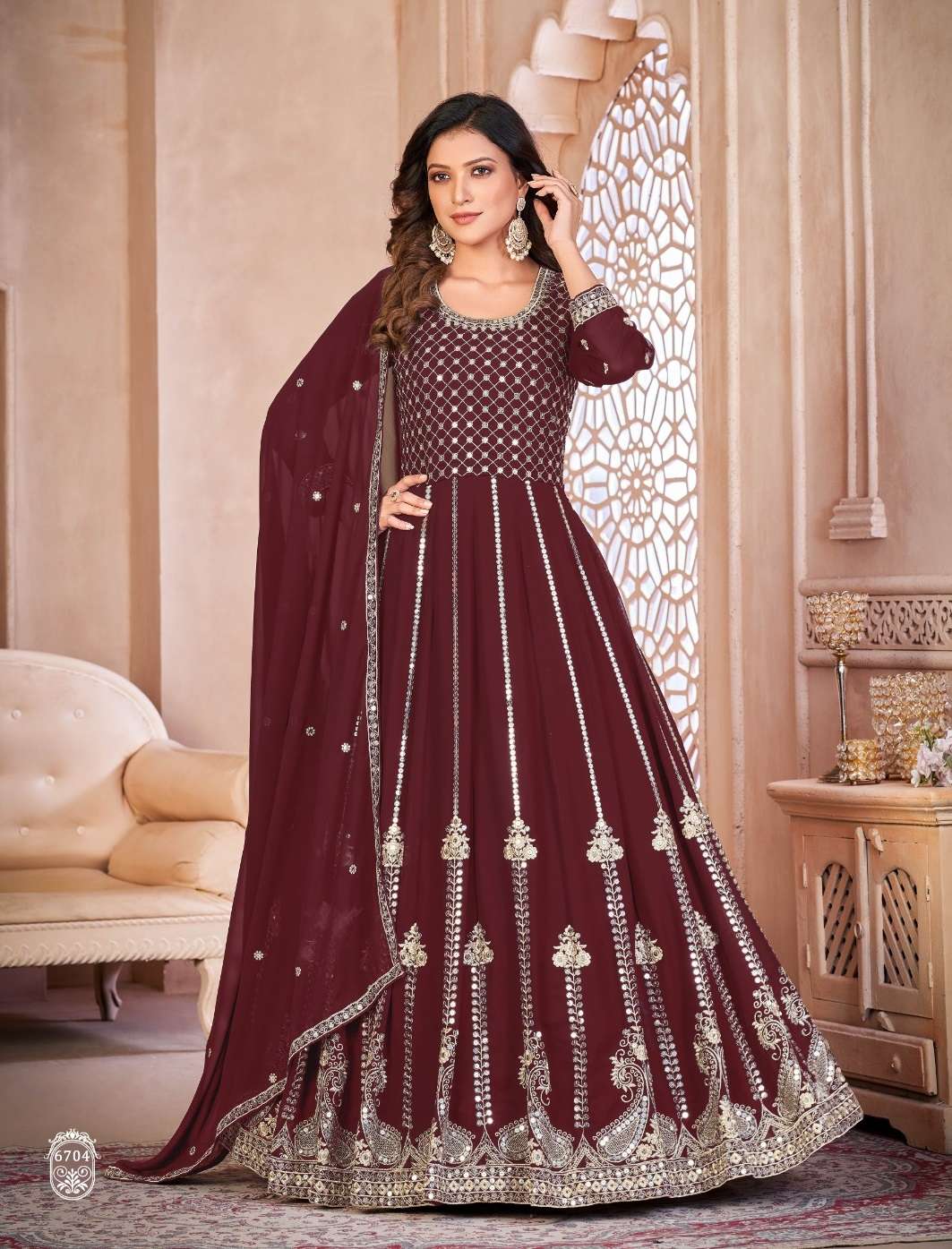 DESIGNER WEDDING PARTY WEAR MAROON FAUX GEORGETTE ANARKALI SALWAR SUIT GOWN WITH DUPATTA ANY 6704