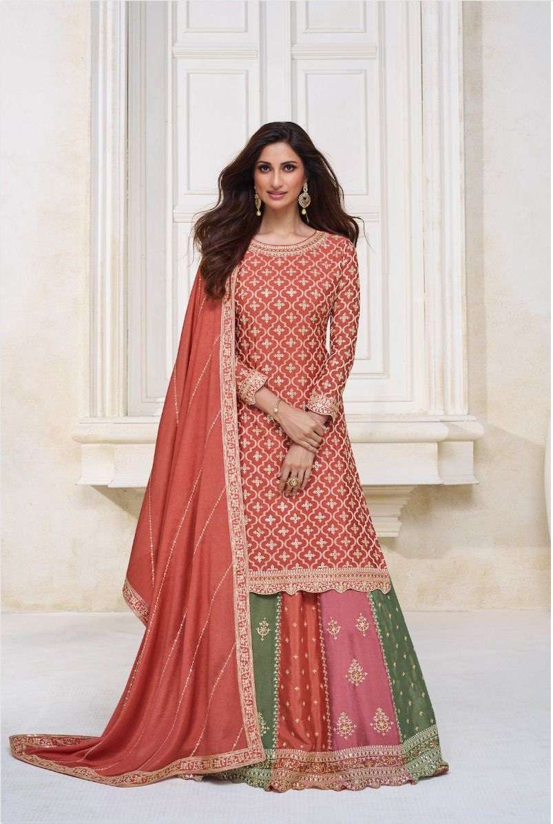 DESIGNER WEDDING PARTY WEAR ORANGE REAL GEORGETTE TOP SKIRT FANCY SALWAR SUIT AF COLOR 9703