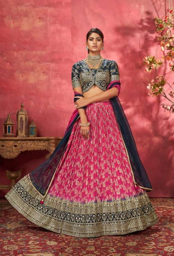 DESIGNER WEDDING PARTY WEAR RANI PINK JACQUARD SILK LEHENGA CHOLI WITH HAND PRINT EMBROIDERY WORK VRST GULDASTA 1001