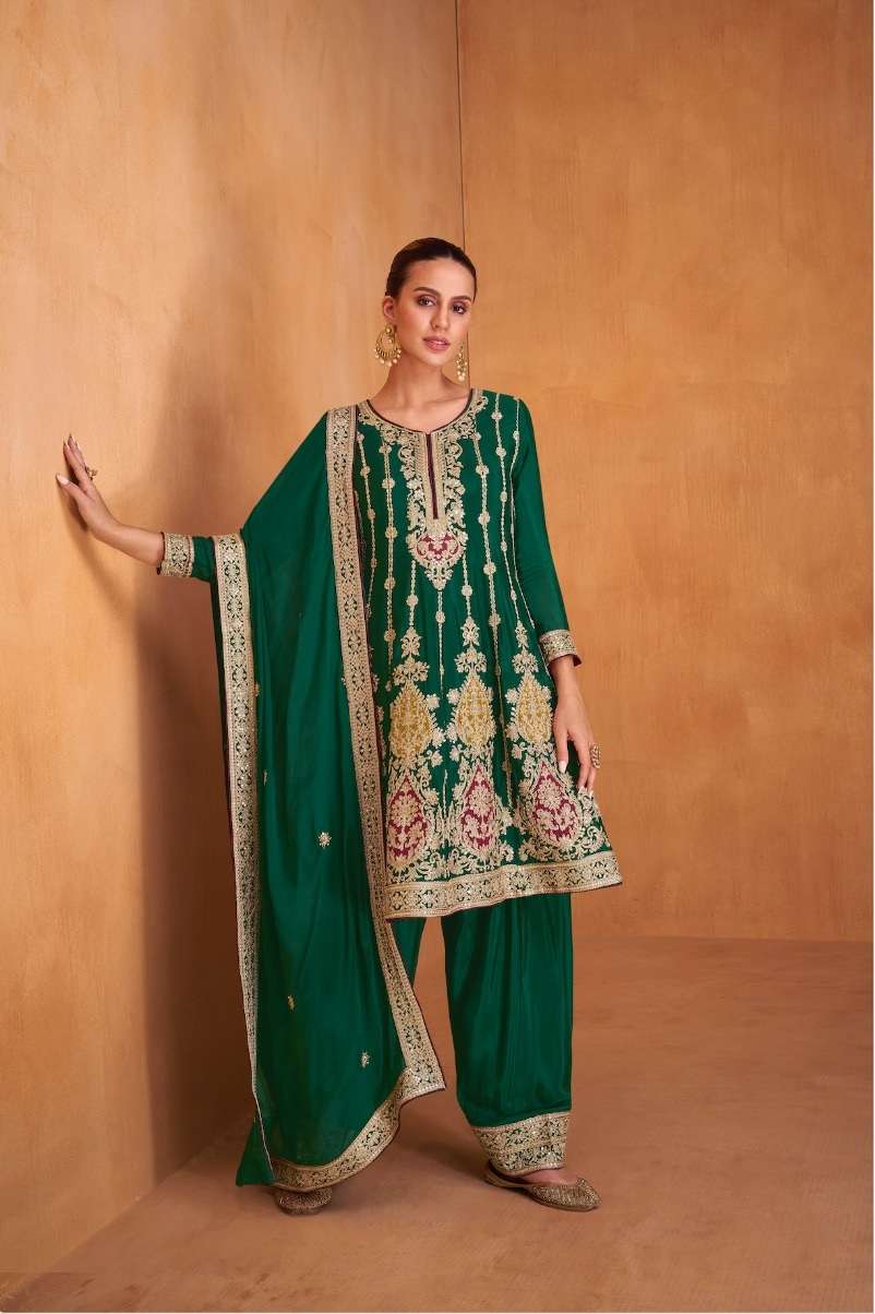 DESIGNER WEDDING PARTY WEAR REAL CHINON FANCY GREEN SHARARA SALWAR SUIT GL SHYSHA 7618