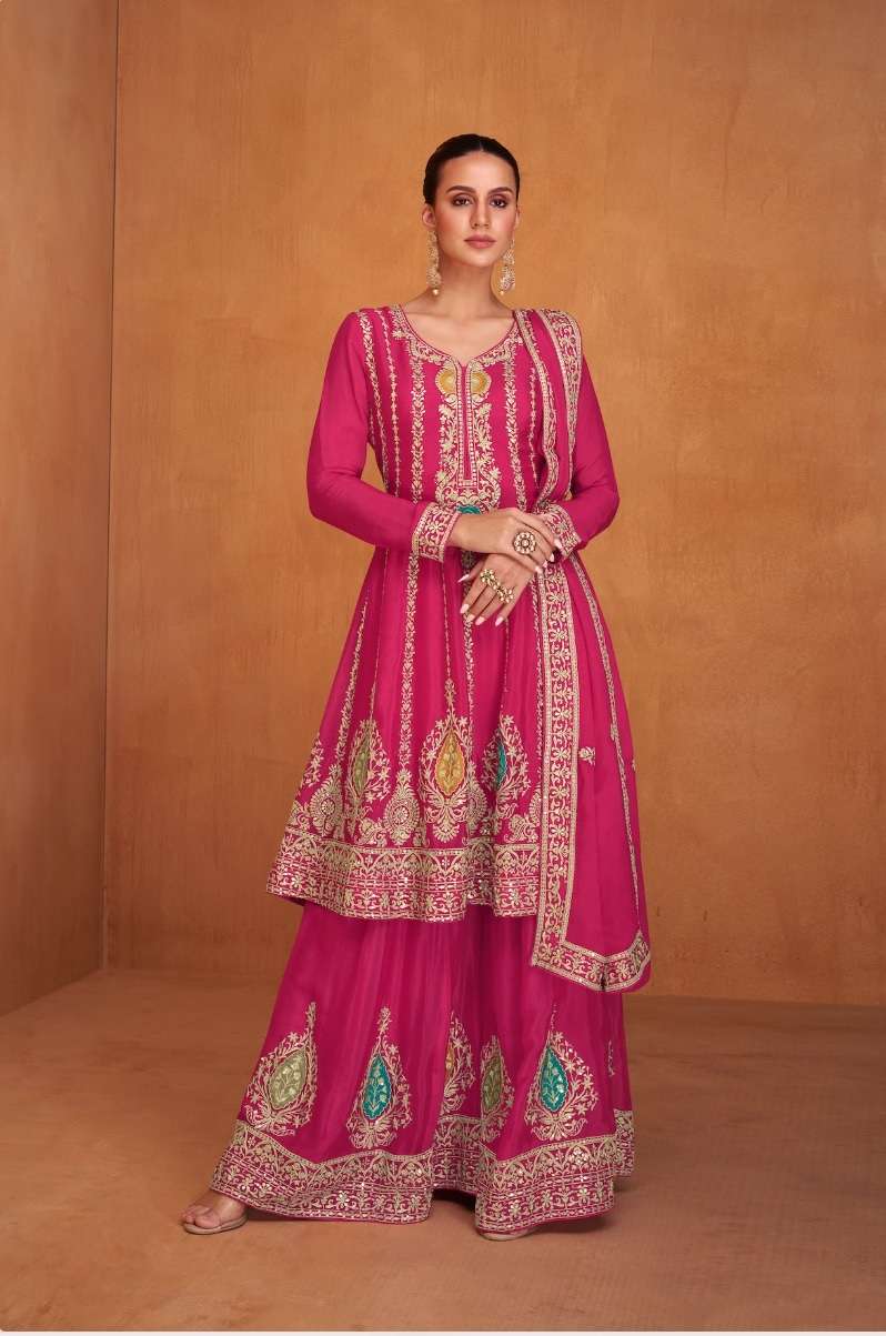 DESIGNER WEDDING PARTY WEAR REAL CHINON FANCY PINK SHARARA SALWAR SUIT GL SHYSHA 7617