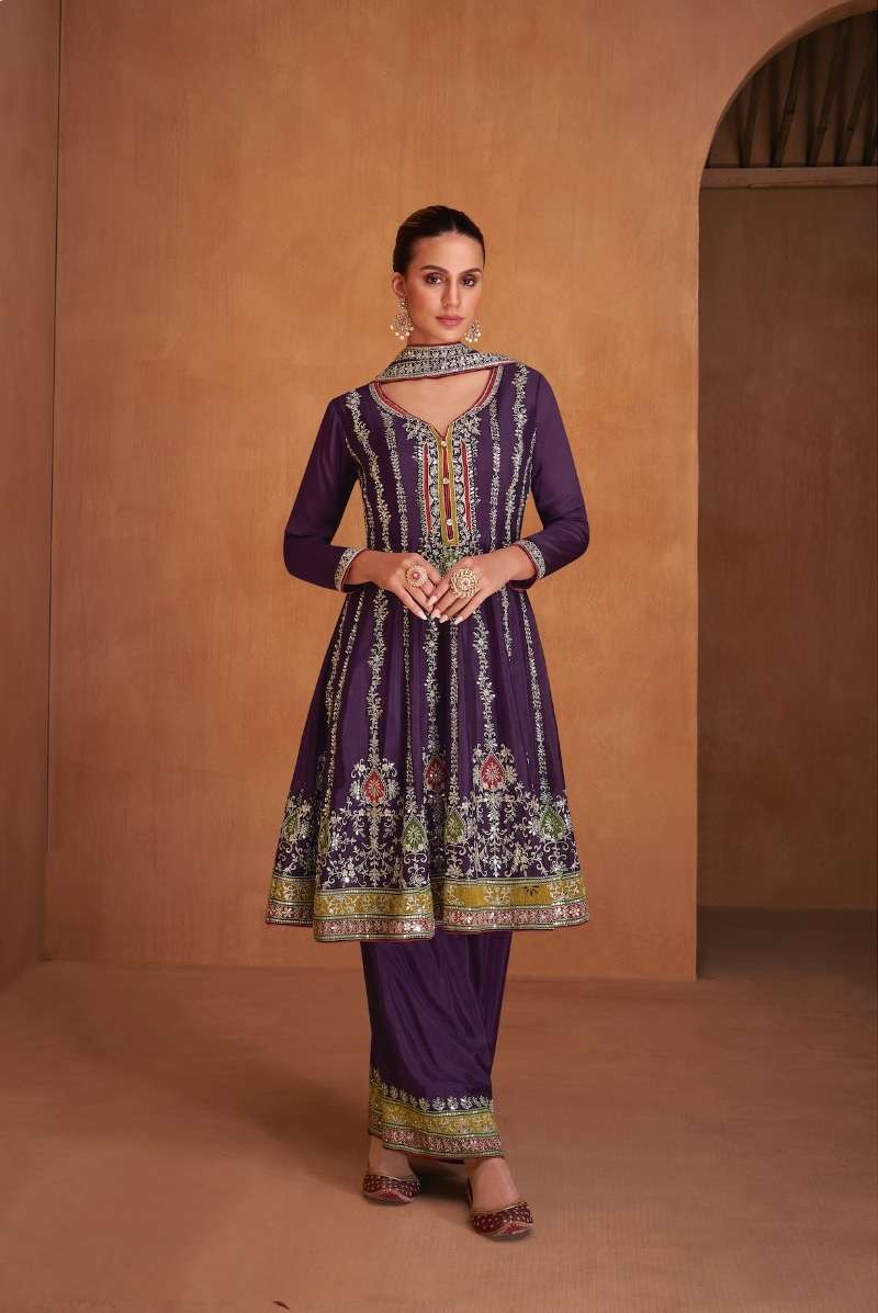 DESIGNER WEDDING PARTY WEAR REAL CHINON FANCY PURPLE SHARARA SALWAR SUIT GL SHYSHA 7619