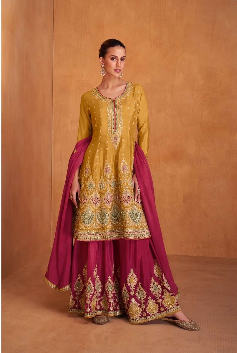 DESIGNER WEDDING PARTY WEAR REAL CHINON FANCY YELLOW SHARARA SALWAR SUIT GL SHYSHA 7616