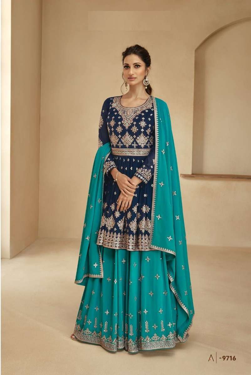 DESIGNER WEDDING PARTY WEAR REAL GEORGETTE BLUE RAMA TOP SKIRT FANCY SHARARA SALWAR SUIT AF ANGLE 9716