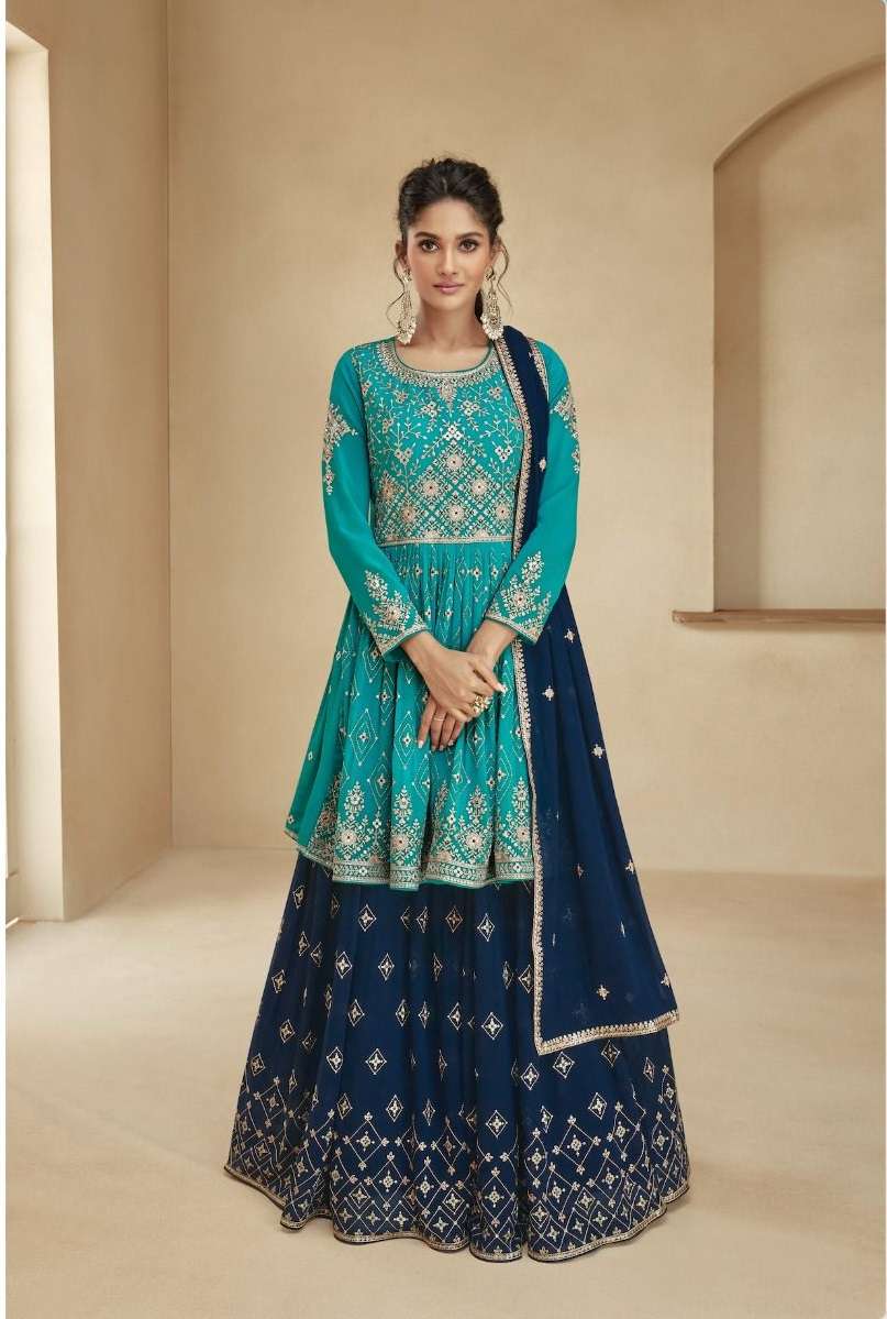 DESIGNER WEDDING PARTY WEAR REAL GEORGETTE RAMA BLUE TOP SKIRT FANCY SHARARA SALWAR SUIT AF ANGLE 9714