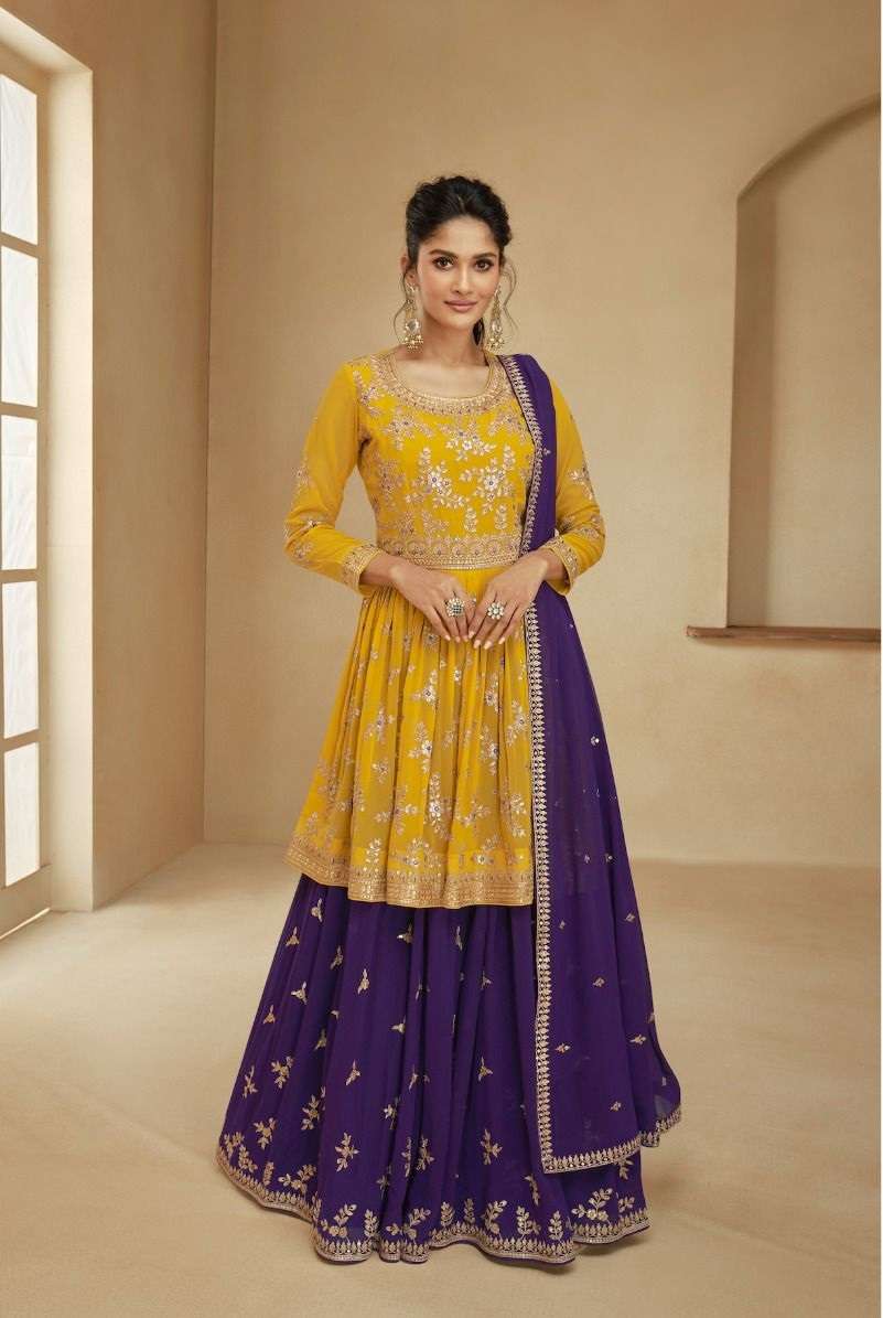 DESIGNER WEDDING PARTY WEAR REAL GEORGETTE YELLOW PURPLE TOP SKIRT FANCY SHARARA SALWAR SUIT AF ANGLE 9717