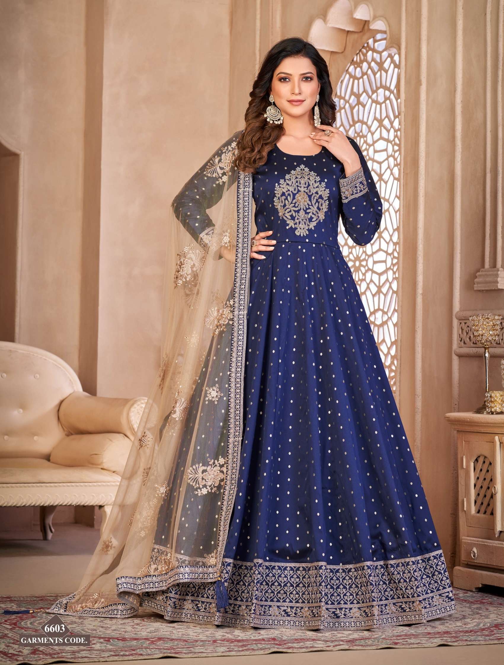 DESIGNER WEDDING PARTY WEAR TAFFETA SILK BLUE ANARKALI SALWAR SUIT GOWN WITH NET DUPATTA ANY 6603