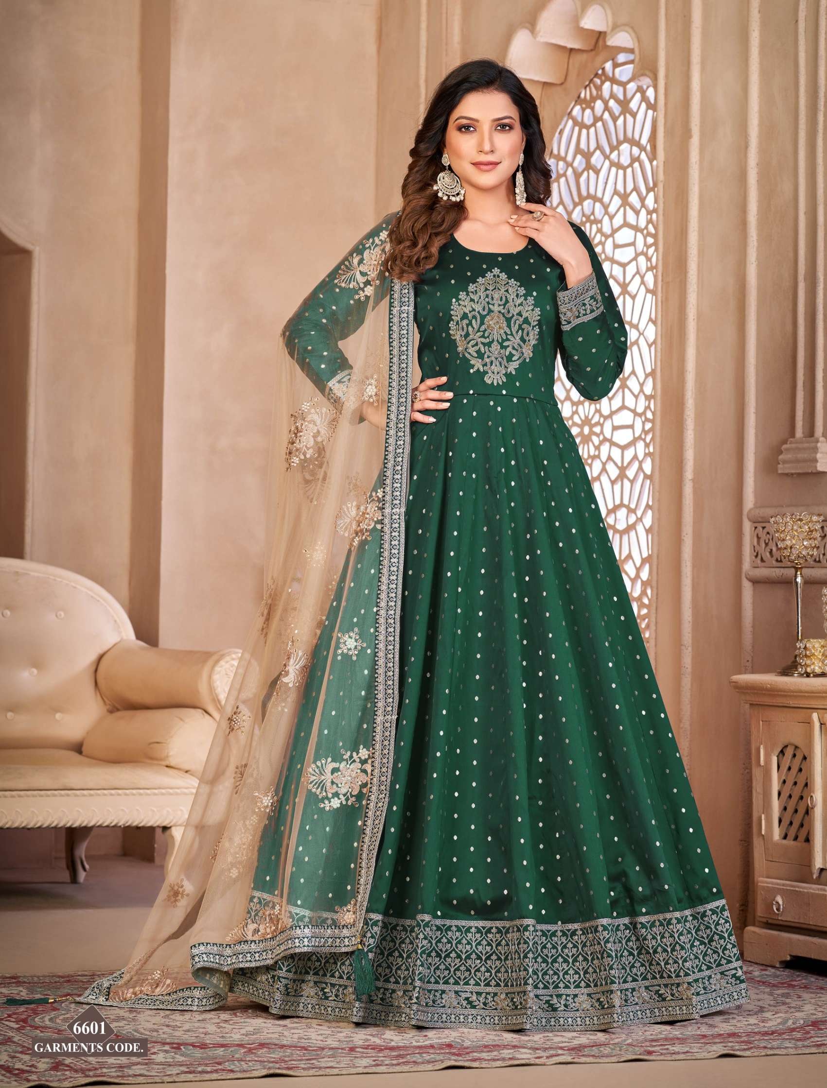 DESIGNER WEDDING PARTY WEAR TAFFETA SILK GREEN ANARKALI SALWAR SUIT GOWN WITH NET DUPATTA ANY 6601