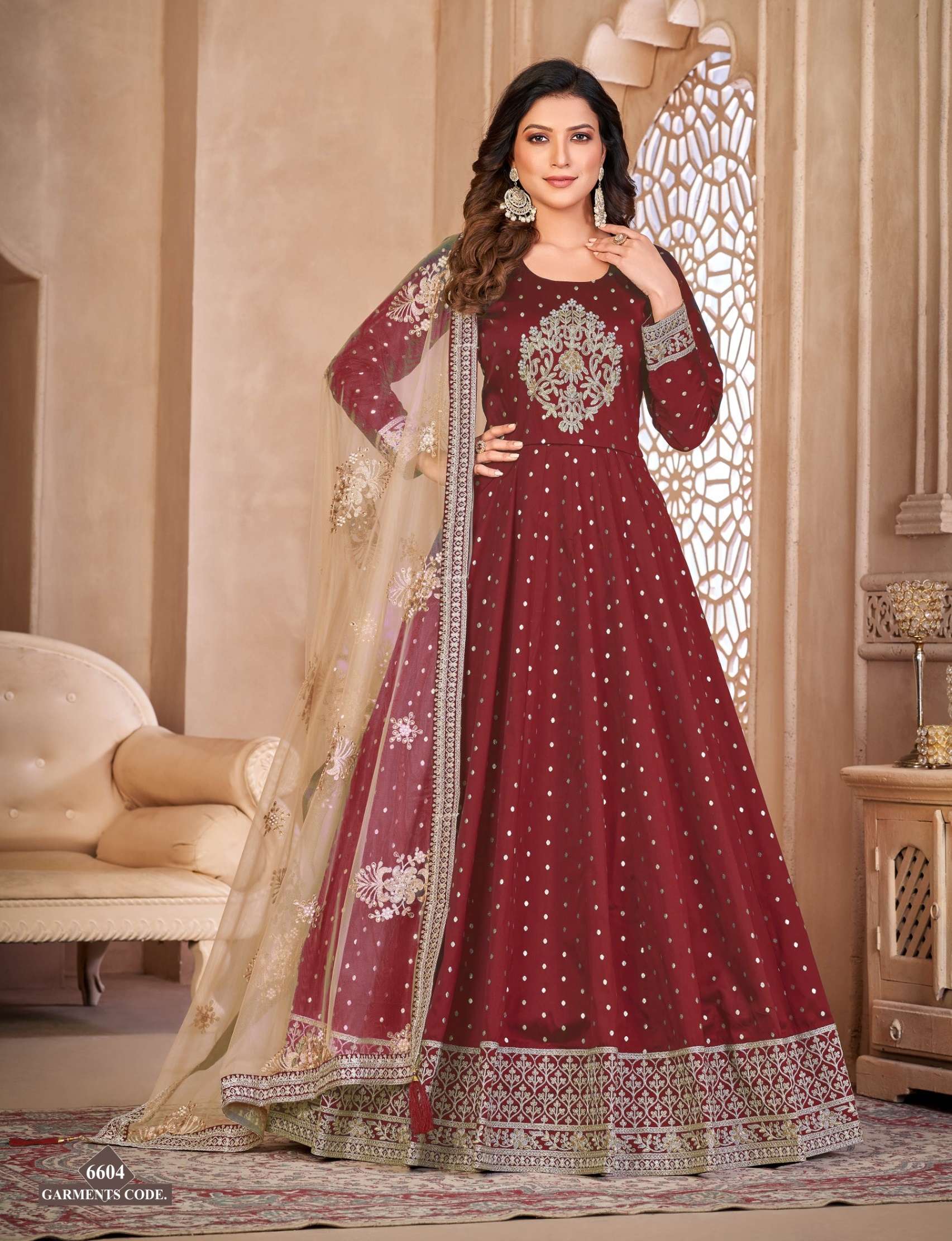 DESIGNER WEDDING PARTY WEAR TAFFETA SILK RED ANARKALI SALWAR SUIT GOWN WITH NET DUPATTA ANY 6604