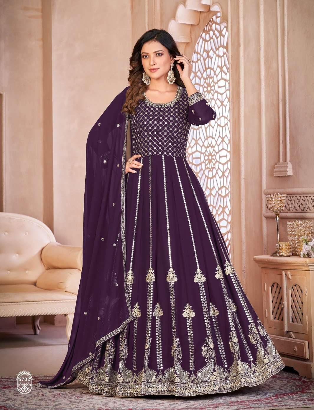 DESIGNER WEDDING PARTY WEAR WINE FAUX GEORGETTE ANARKALI SALWAR SUIT GOWN WITH DUPATTA ANY 6702