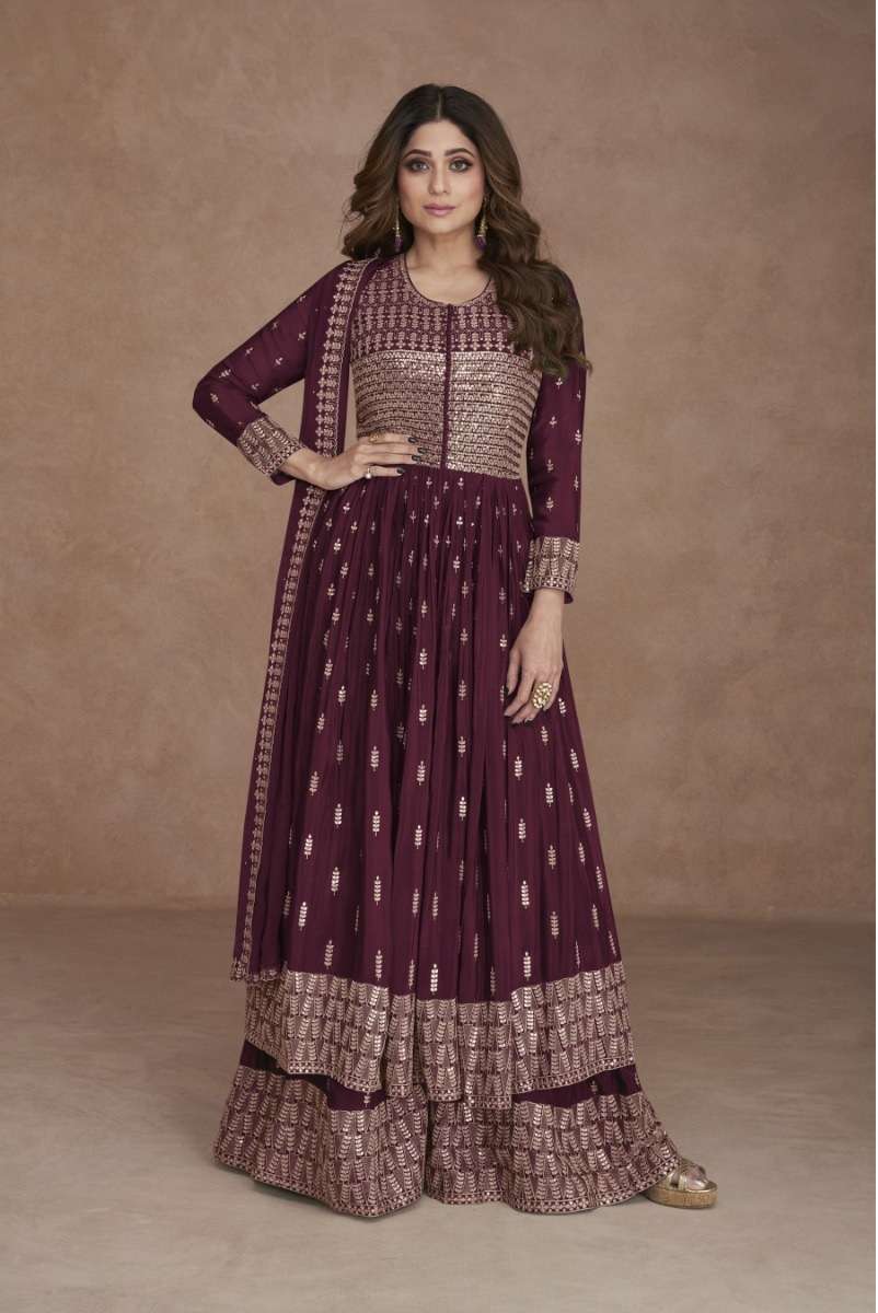 DESIGNER WEDDING PARTY WEAR WINE FAUX GEORGETTE TOP SKIRT FANCY SALWAR SUIT SRH 9541 B