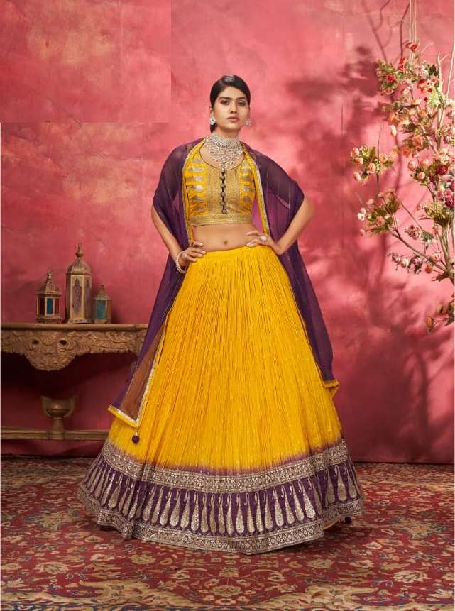 DESIGNER WEDDING PARTY WEAR YELLOW JACQUARD SILK LEHENGA CHOLI WITH HAND PRINT EMBROIDERY WORK VRST GULDASTA 1002