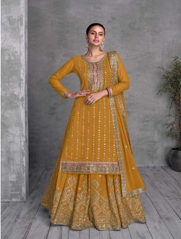 DESIGNER WEDDING PARTY WEAR YELLOW REAL GEORGETTE TOP SKIRT FANCY SALWAR SUIT AF TRISHA 7408 COLOR