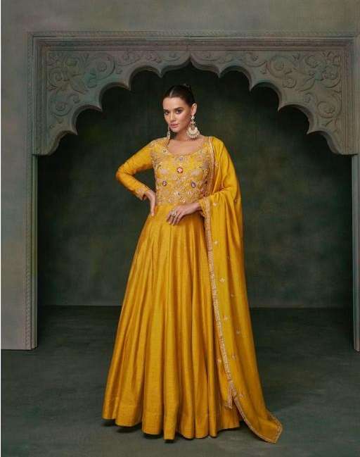 DESIGNER WEDDING PARTY WEAR YELLOW SILK ANARKALI GOWN SALWAR SUIT SY BUNAAI 5327