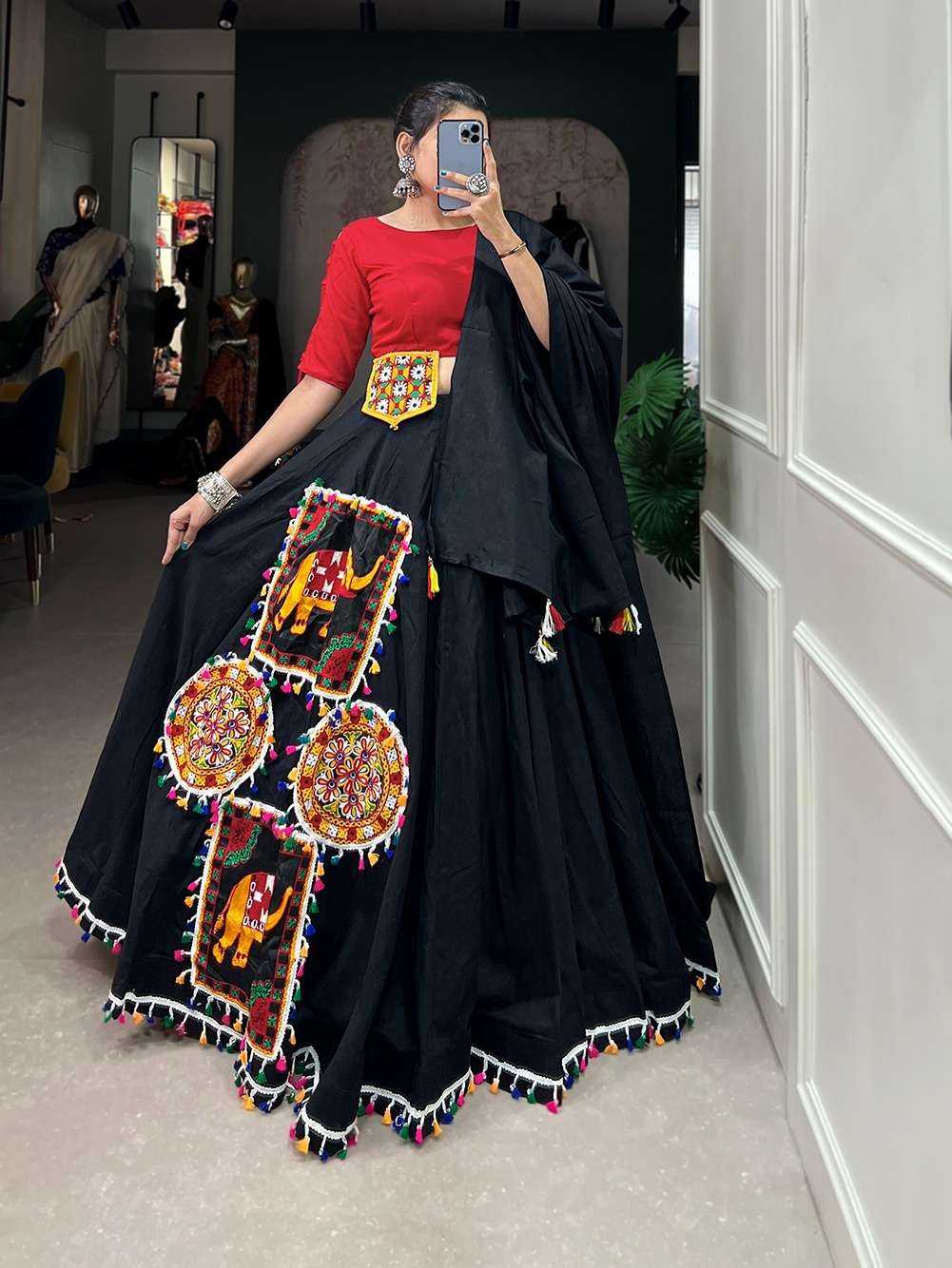 HEAVY PURE COTTON READY TO WEAR BLACK NAVRATRI LEHENGA CUM GAMTHI LEHENGA MIRROR WORK CHOLI PC 1617